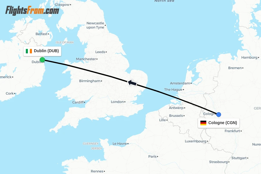 Flights from Cologne to Dublin route map