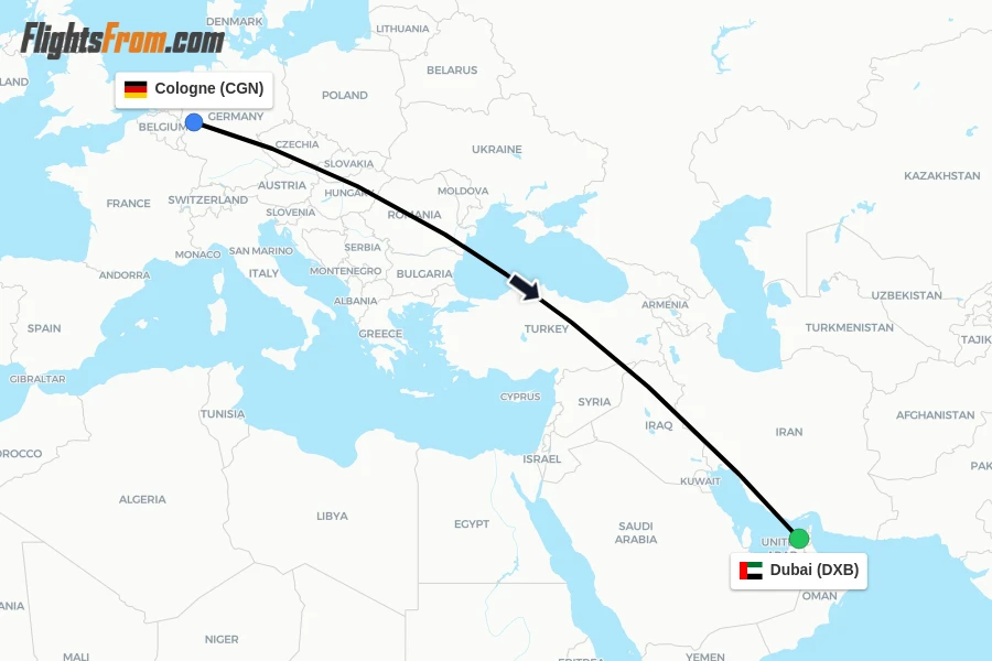 Flights from Cologne to Dubai route map