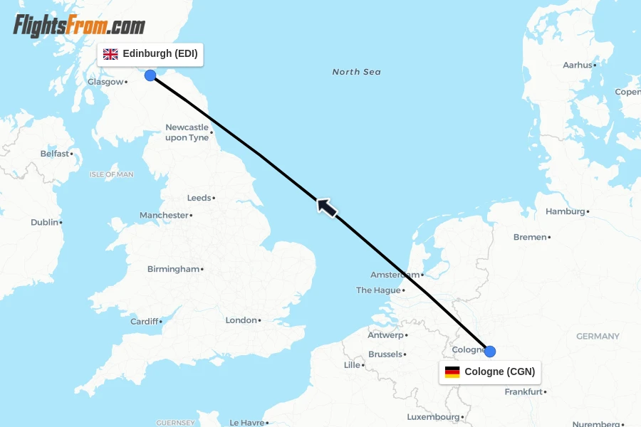 Flights from Cologne to Edinburgh route map
