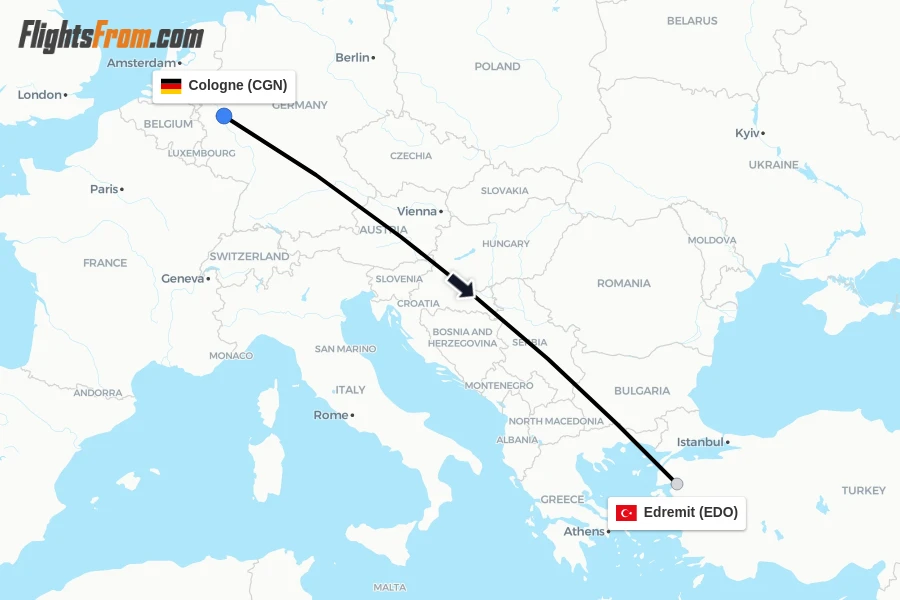 Flights from Cologne to Edremit route map