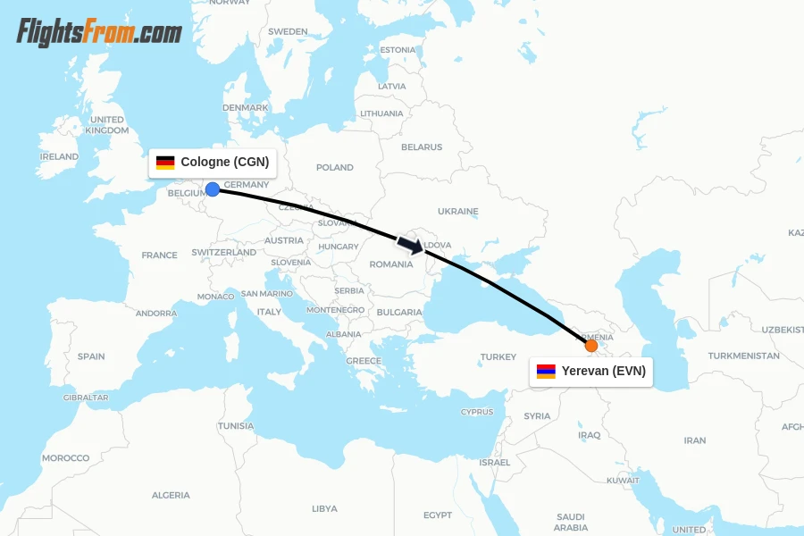 Flights from Cologne to Yerevan route map