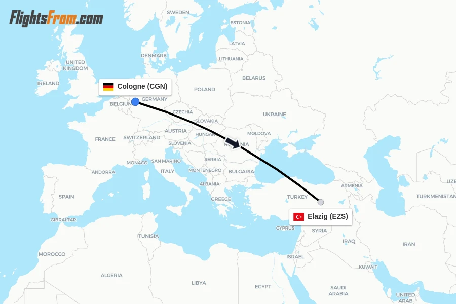 Flights from Cologne to Elazig route map