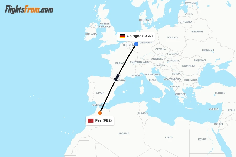 Flights from Cologne to Fes route map