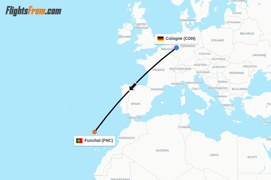 Flights from Cologne to Funchal route map