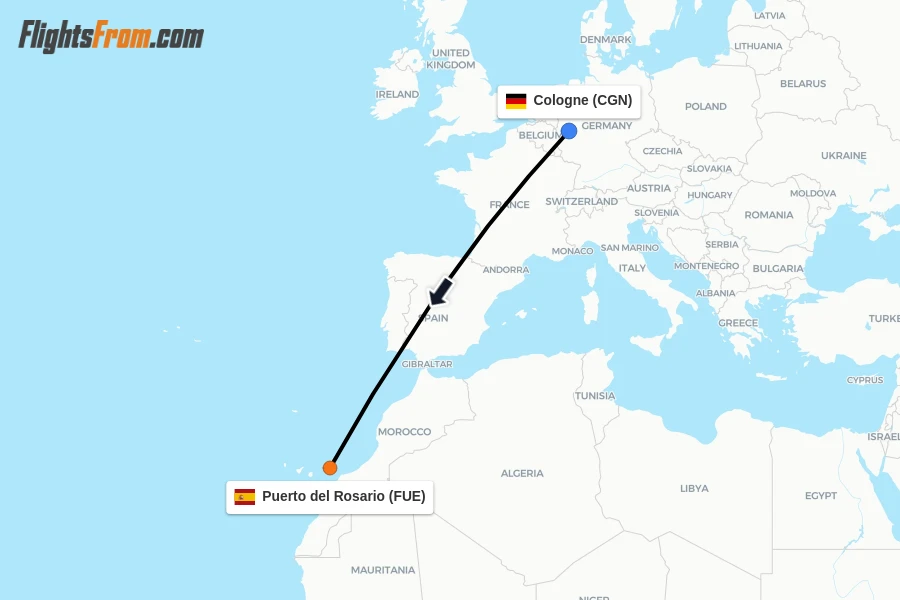 Flights from Cologne to Puerto del Rosario route map