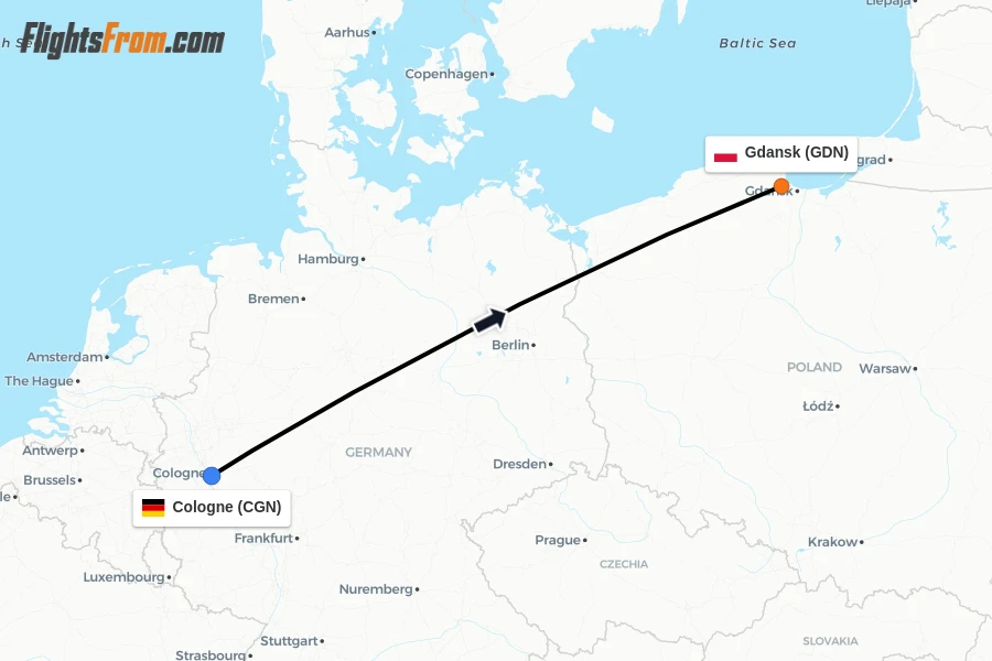Flights from Cologne to Gdansk route map