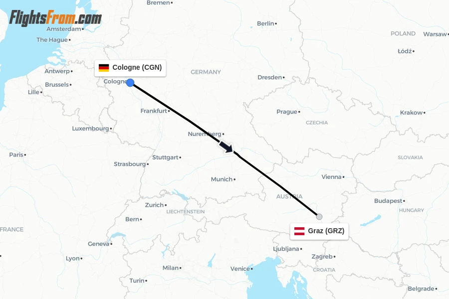 Flights from Cologne to Graz route map