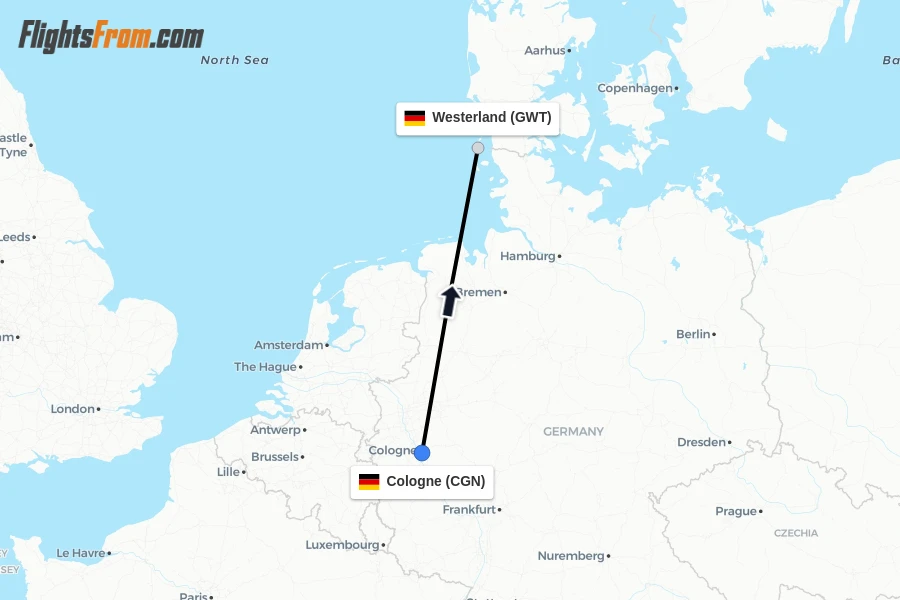 Flights from Cologne to Westerland route map