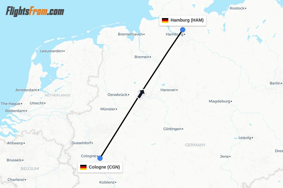 Flights from Cologne to Hamburg route map