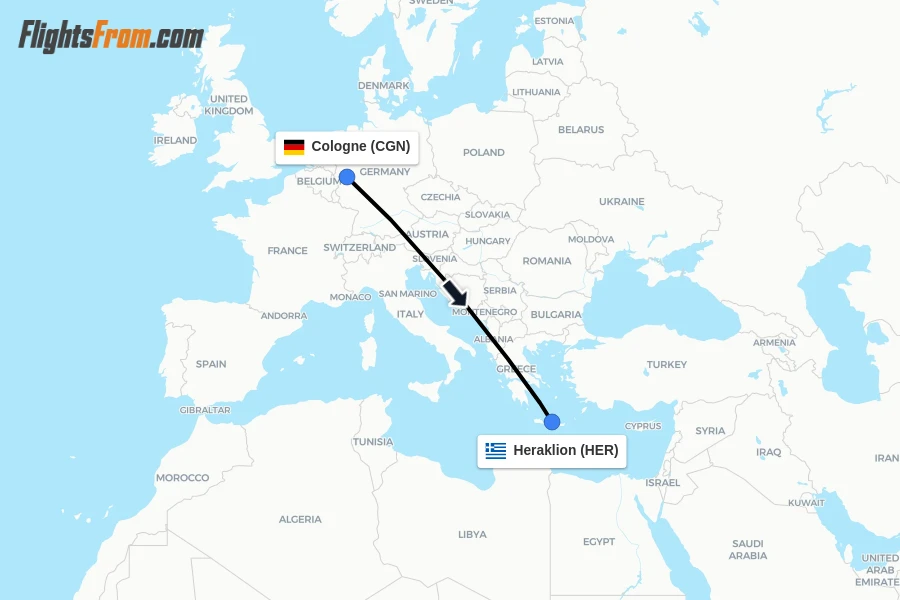 Flights from Cologne to Heraklion route map