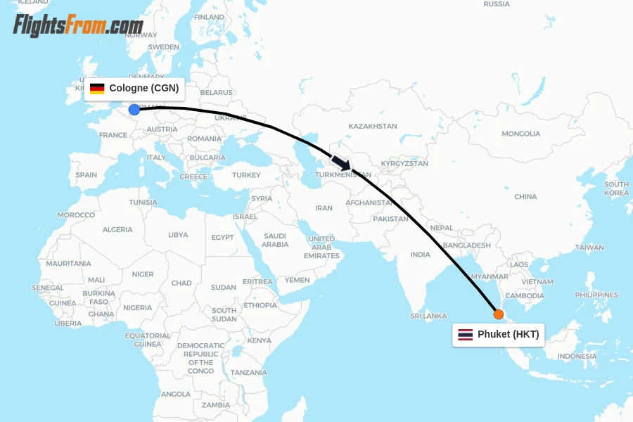 Flights from Cologne to Phuket route map