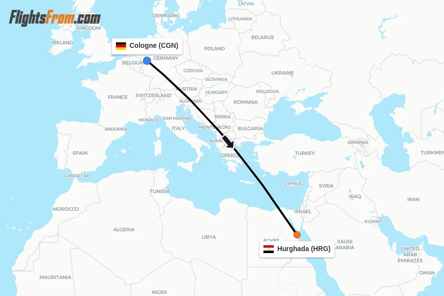 Flights from Cologne to Hurghada route map