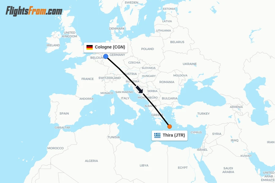 Flights from Cologne to Thira route map