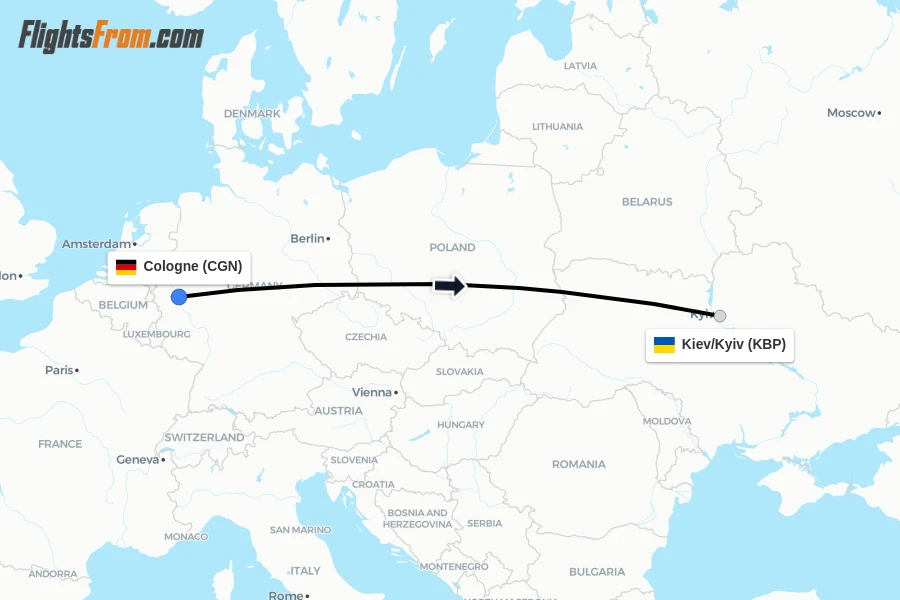 Flights from Cologne to Kiev/Kyiv route map