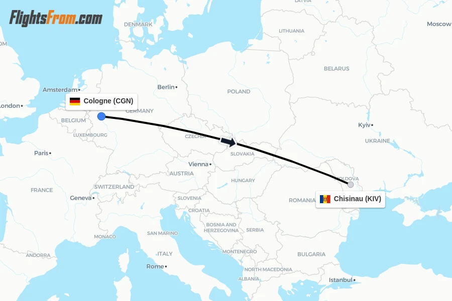 Flights from Cologne to Chisinau route map