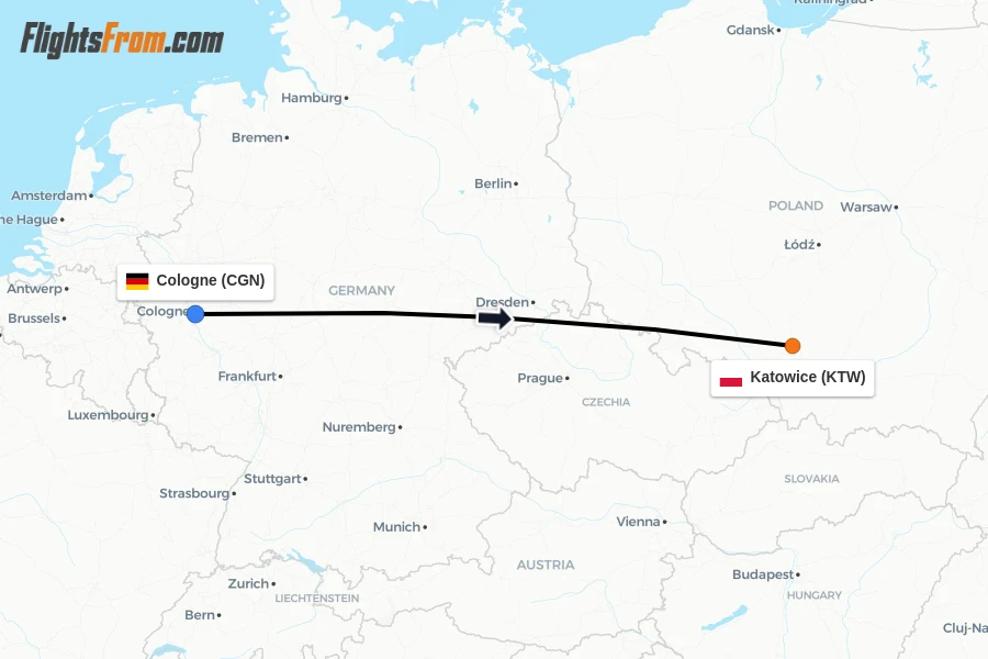 Flights from Cologne to Katowice route map