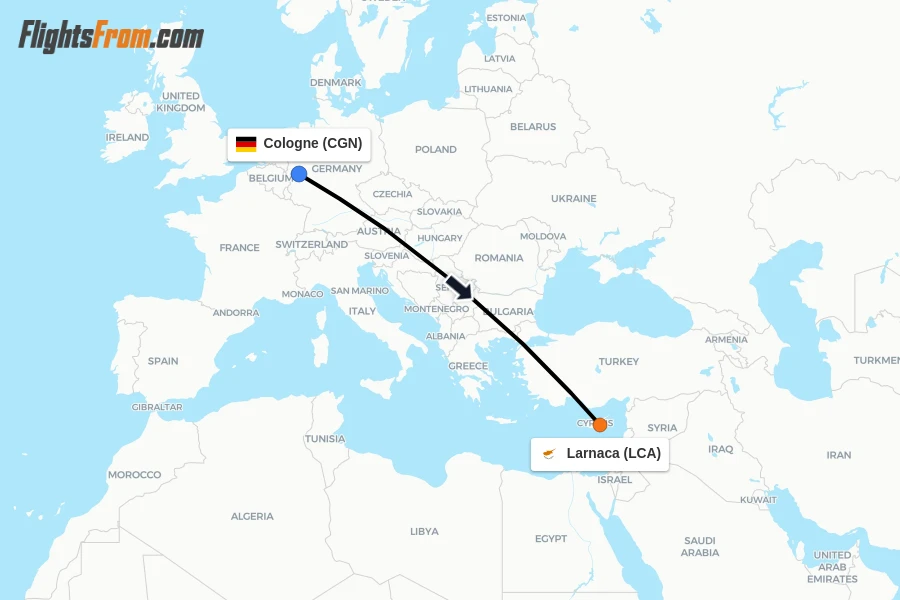 Flights from Cologne to Larnaca route map