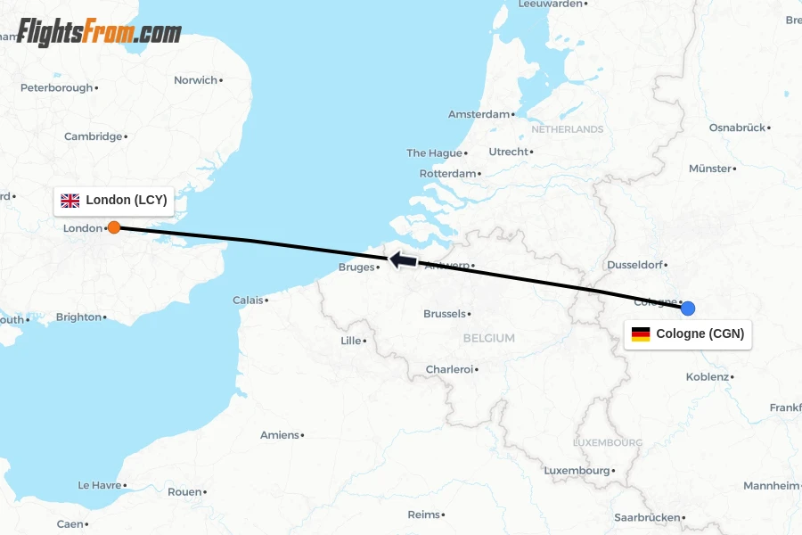 Flights from Cologne to London route map