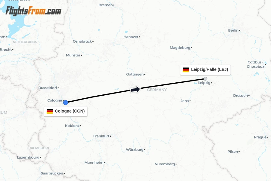 Flights from Cologne to Leipzig/Halle route map