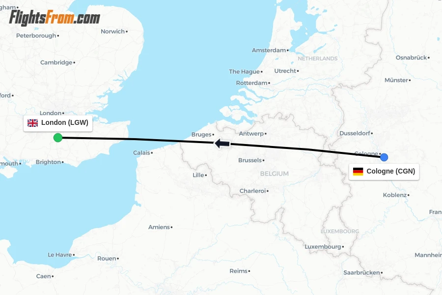 Flights from Cologne to London route map