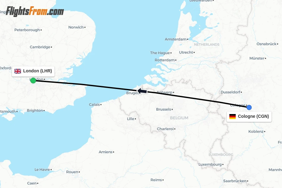 Flights from Cologne to London route map
