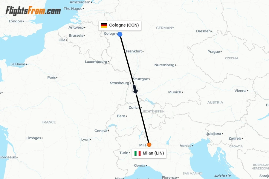 Flights from Cologne to Milan route map