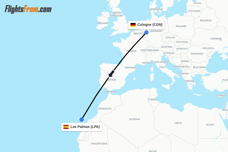 Flights from Cologne to Las Palmas route map