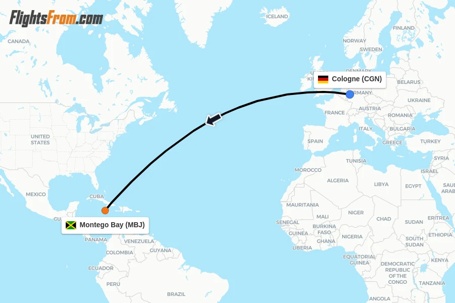 Flights from Cologne to Montego Bay route map