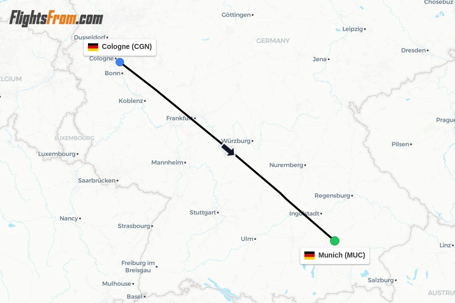 Flights from Cologne to Munich route map