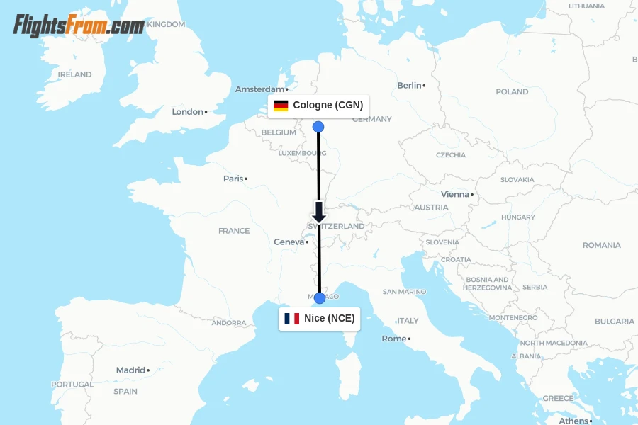 Flights from Cologne to Nice route map