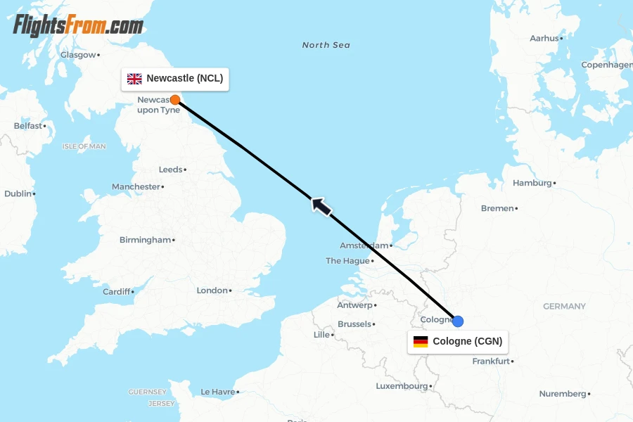 Flights from Cologne to Newcastle route map