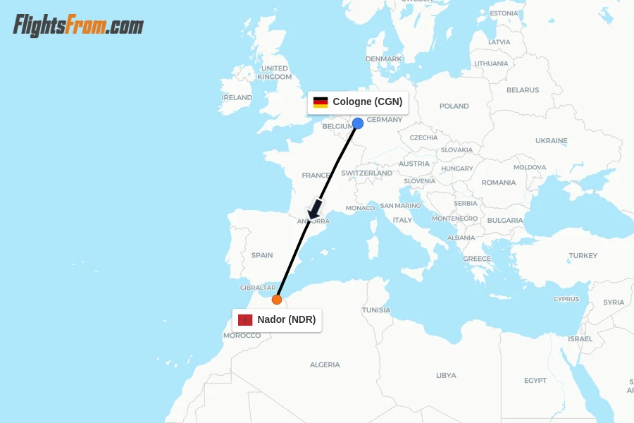 Flights from Cologne to Nador route map