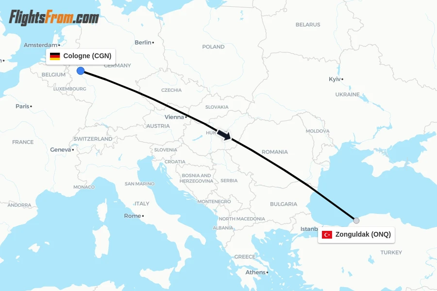 Flights from Cologne to Zonguldak route map