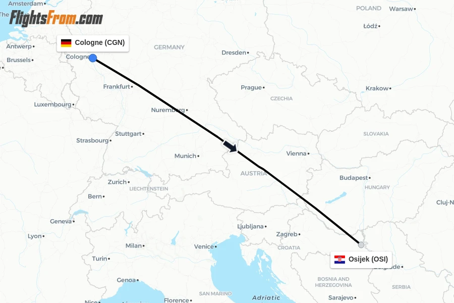 Flights from Cologne to Osijek route map