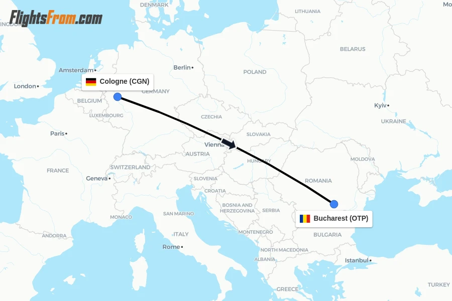 Flights from Cologne to Bucharest route map