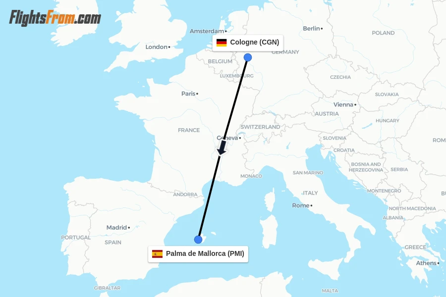 Flights from Cologne to Palma de Mallorca route map
