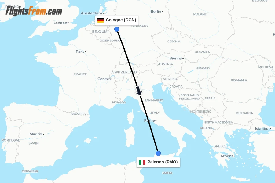 Flights from Cologne to Palermo route map