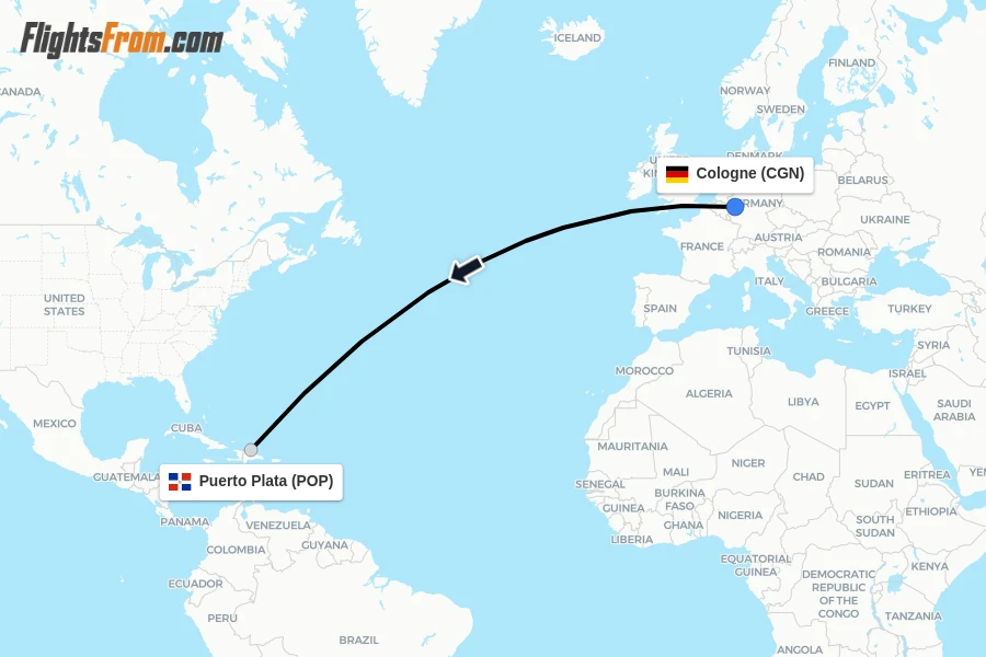 Flights from Cologne to Puerto Plata route map