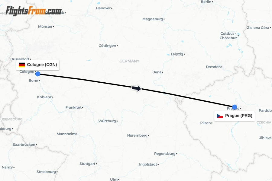 Flights from Cologne to Prague route map
