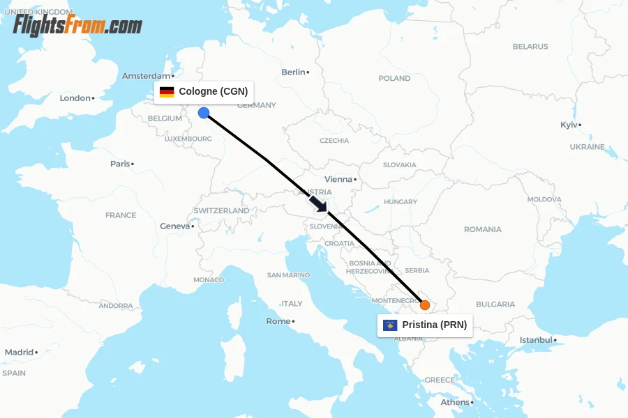 Flights from Cologne to Pristina route map