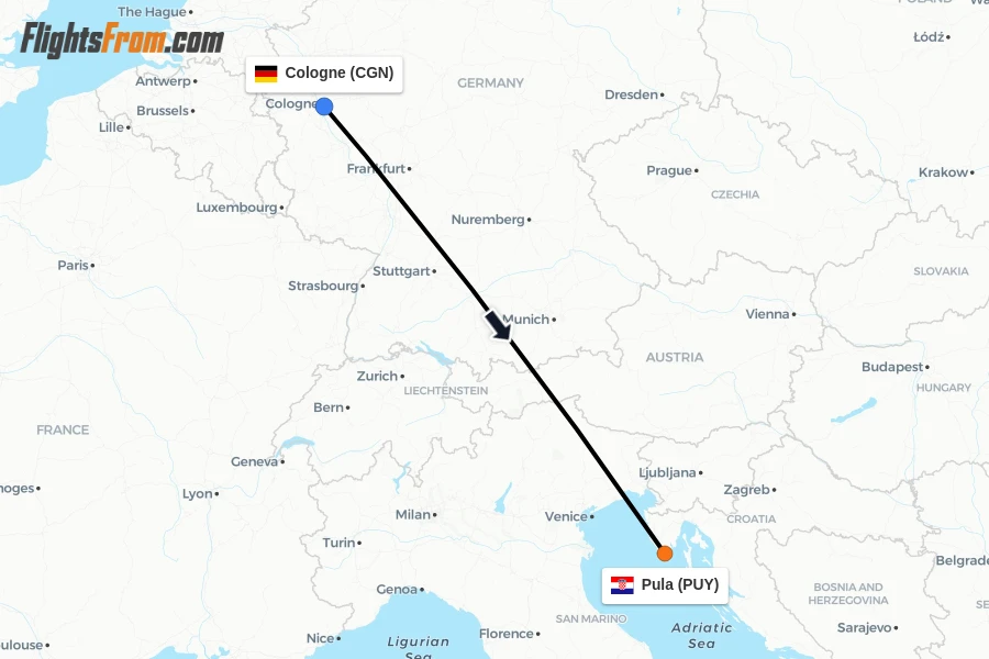 Flights from Cologne to Pula route map