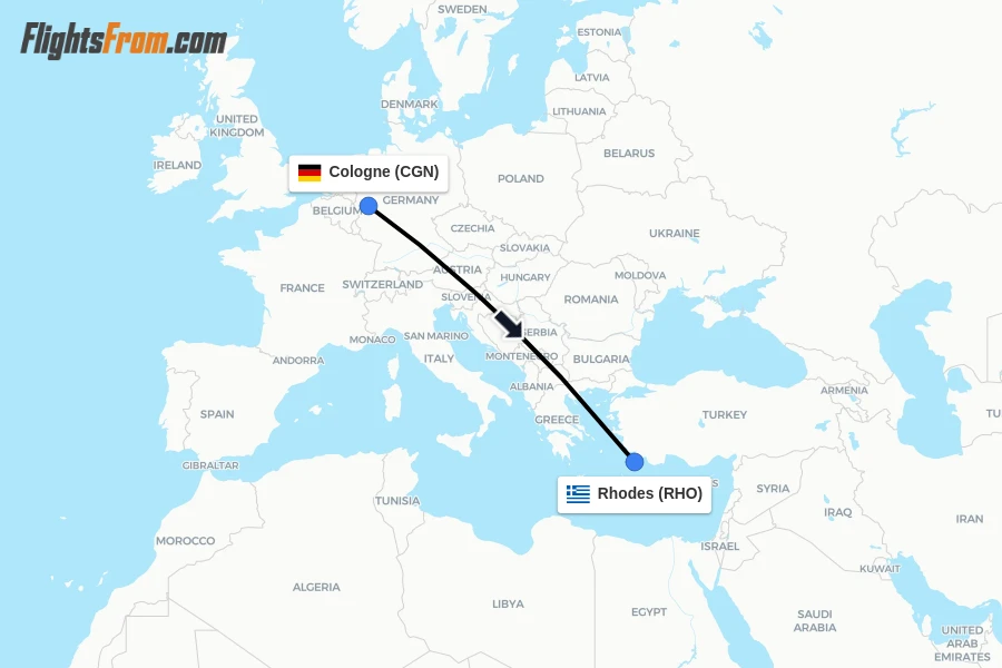 Flights from Cologne to Rhodes route map