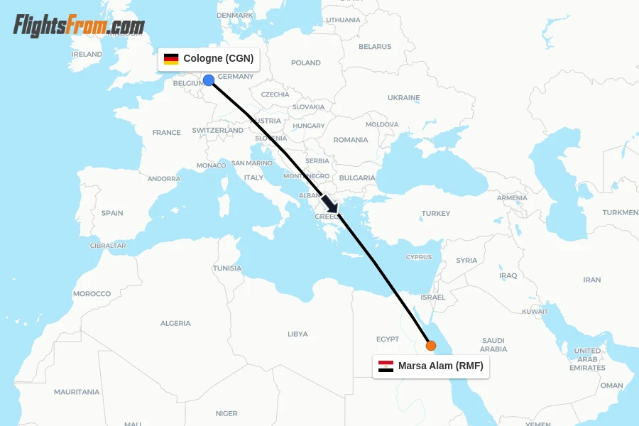 Flights from Cologne to Marsa Alam route map
