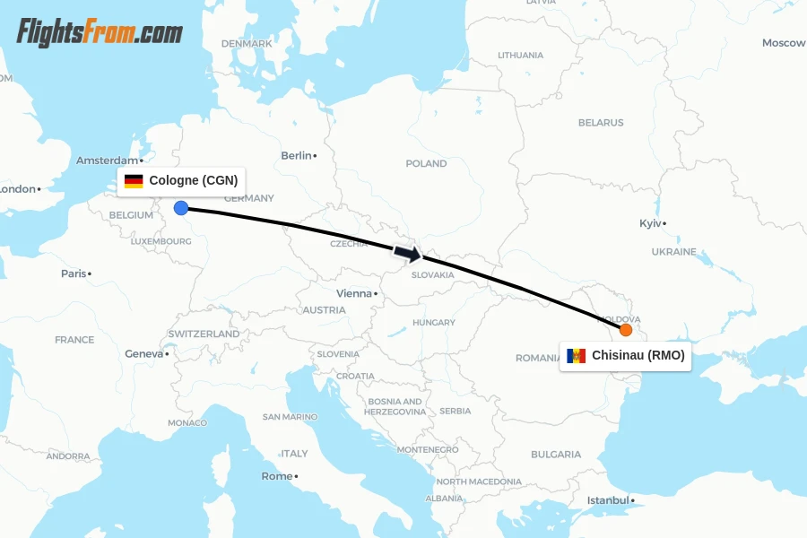 Flights from Cologne to Chisinau route map