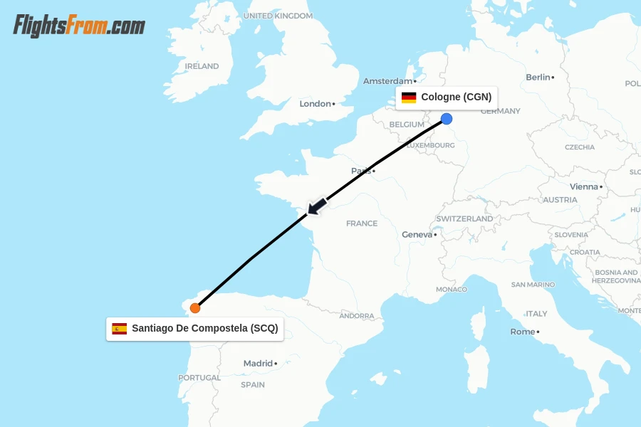 Flights from Cologne to Santiago De Compostela route map