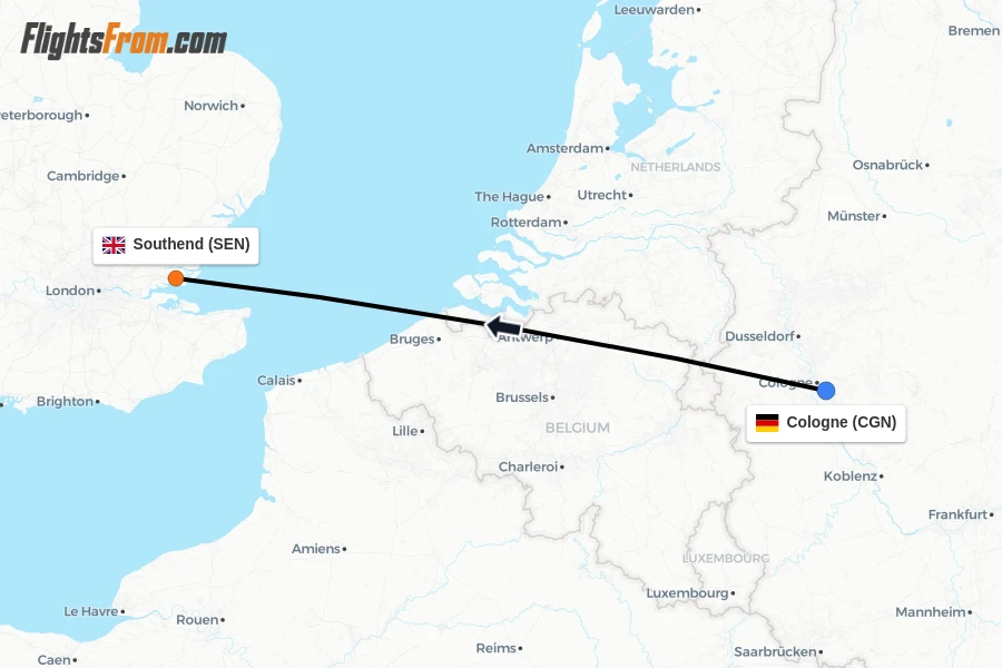 Flights from Cologne to Southend route map