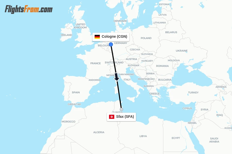 Flights from Cologne to Sfax route map