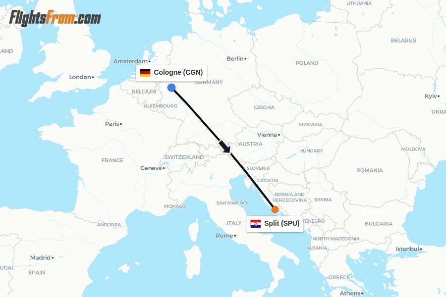 Flights from Cologne to Split route map