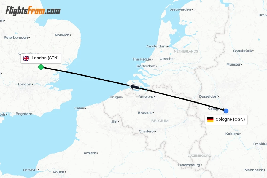 Flights from Cologne to London route map