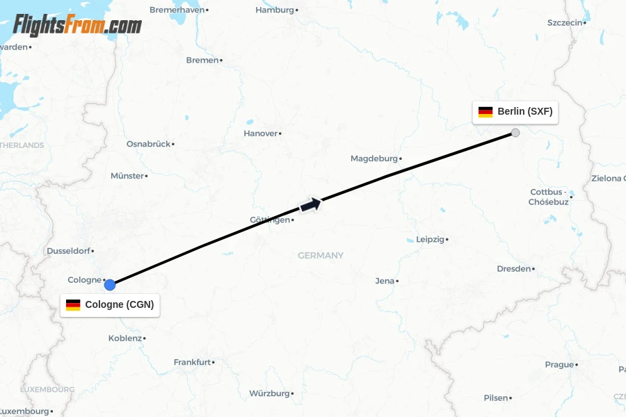 Flights from Cologne to Berlin route map